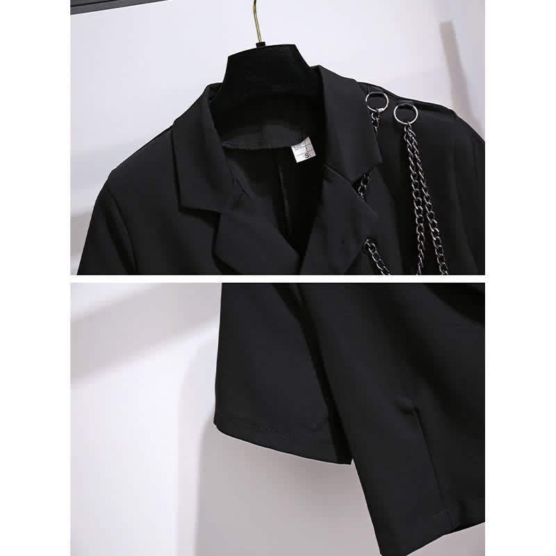 Black Chain Lapel Crop Blazer Irregular Belted Pleated Skirt modakawa