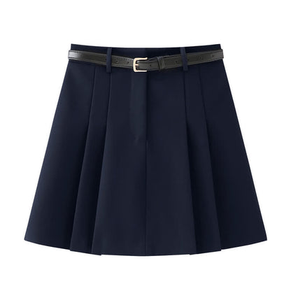 Chic Chiffon Sleeve Shirt High Waist Belted Pleated Skirt modakawa