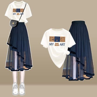 Cartoon Bow Print T-Shirt Irregular Tulle SKirt Set modakawa