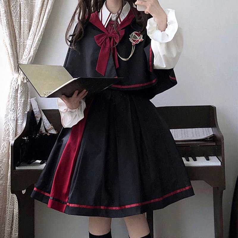 Long Sleeve Shirt Pleated Skirt Hooded Cloak Three Pieces Set modakawa