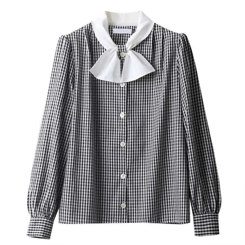 Lattice Print Bow Tie Puff Sleeve Shirt Workwear modakawa