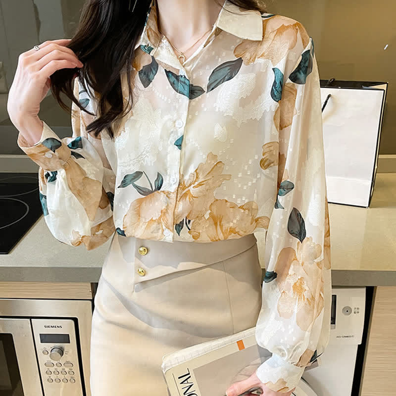 Sweet Floral Puff Sleeve Lapel Chiffon Shirt modakawa