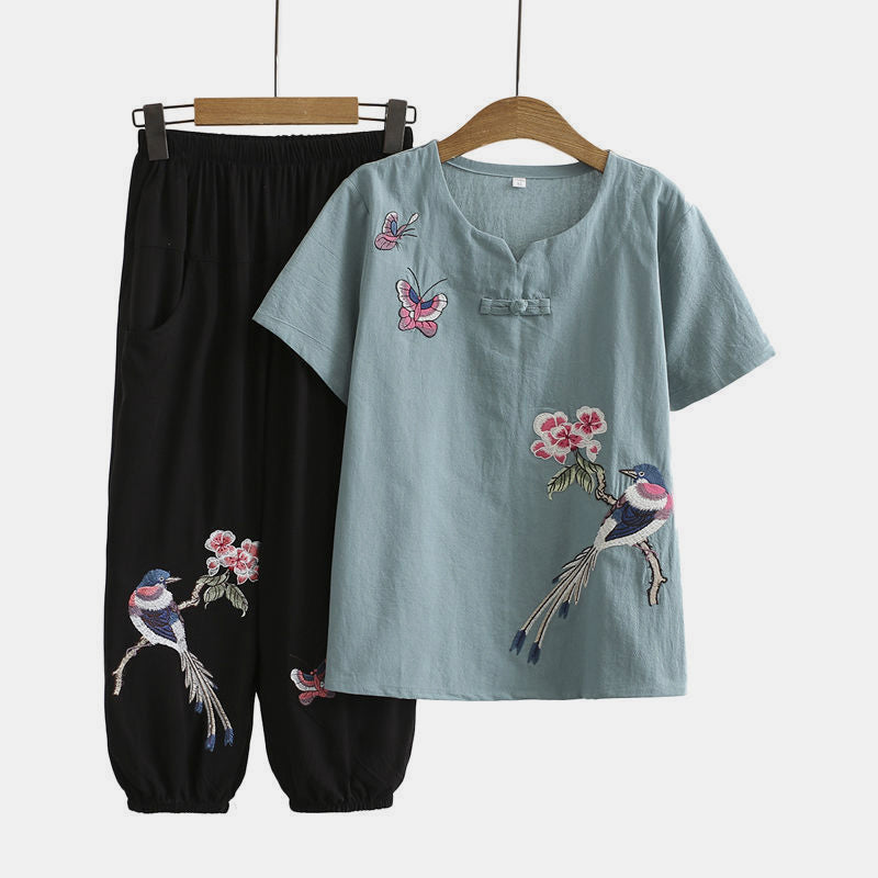 Vintage Bird Embroidery Buckle T-Shirt Pants Set modakawa