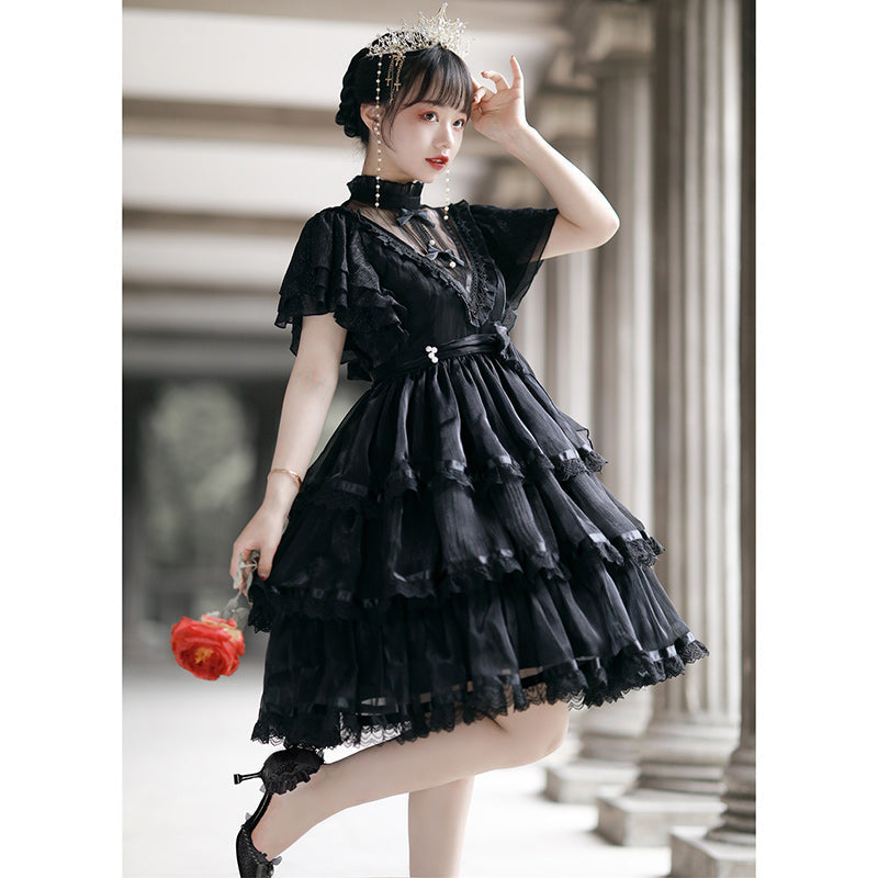 Elegant High Collar Lace Bow Knot Lolita Dress modakawa