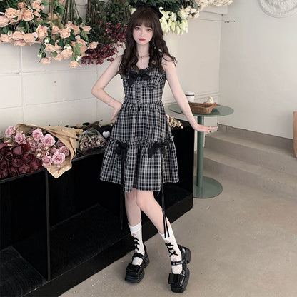 Sweet Lattice Print Bow Knot Slip Dress modakawa