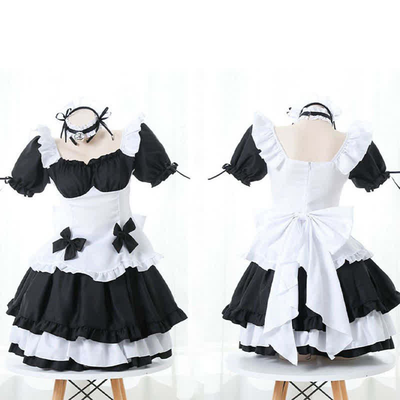 Black Sweet Off Shoulder Bow Knot Lace Up Maid Dress Lingerie Modakawa