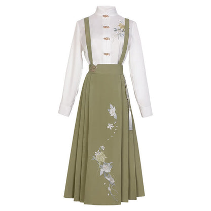 Buckle Floral Embroidery Green Dress Set modakawa