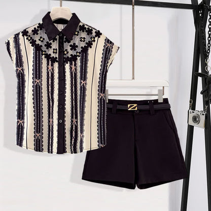 Stripe Print Mesh Chiffon T-Shirt Casual Belted Shorts modakawa