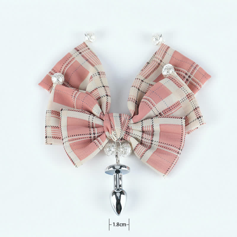 Pink Plaid Bowknot Bell Choker Anal Plug SM Accessories modakawa