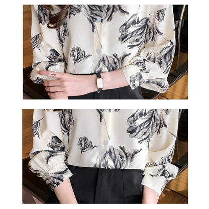 Ink Painting Blossom Print Lapel Shirt modakawa