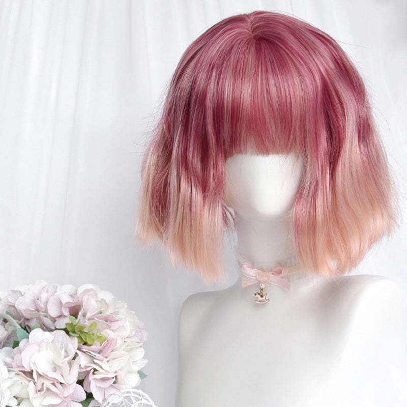 Gradient Pink Short Straight Ponytails Wig With Bangs modakawa