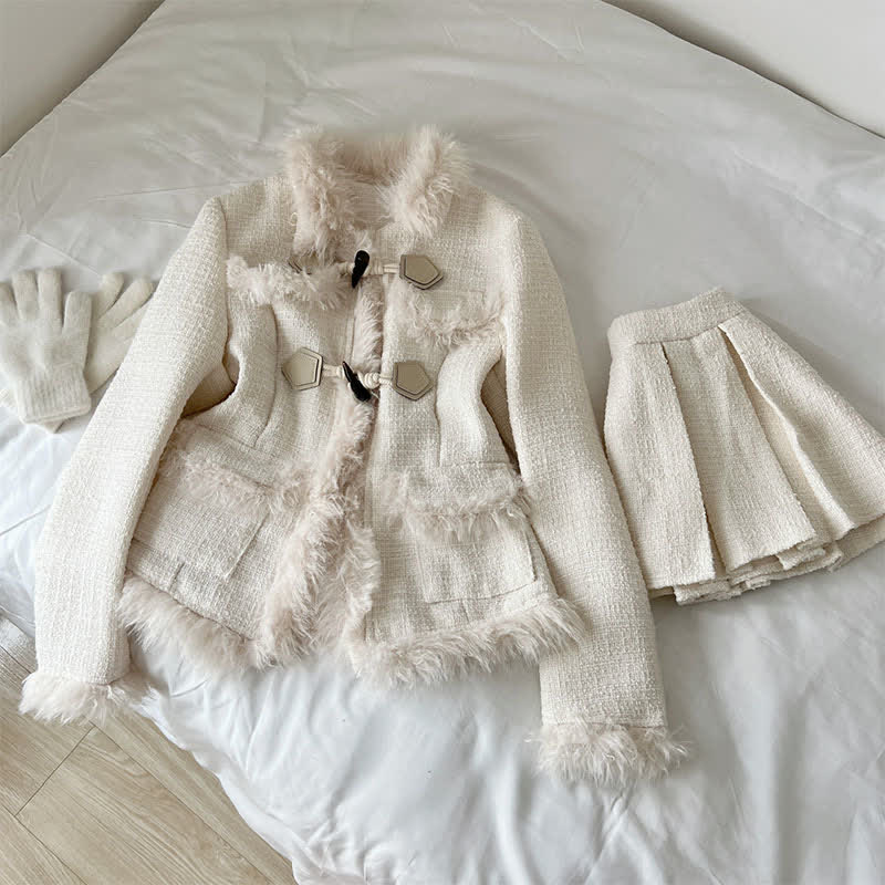 Elegant Fuzzy Lapel Coat Pleated Mini Skirt Set modakawa