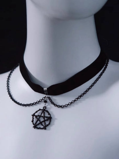 Gothic Pentagram Black Velvet Choker with Chains mySite