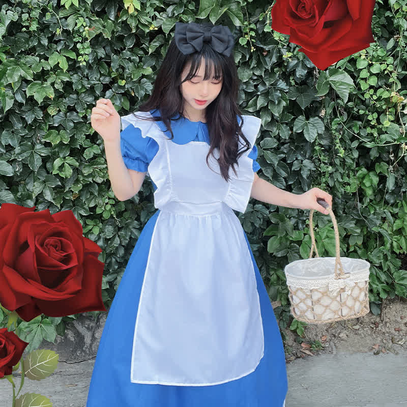 Lolita Blue Lapel Ruffled Maid Long Dress Modakawa