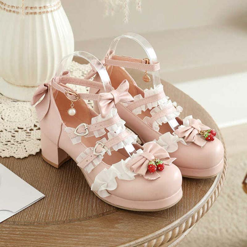 Kawaii Lace Bow Lolita Kitten Heel Mary Janes Shoes Modakawa