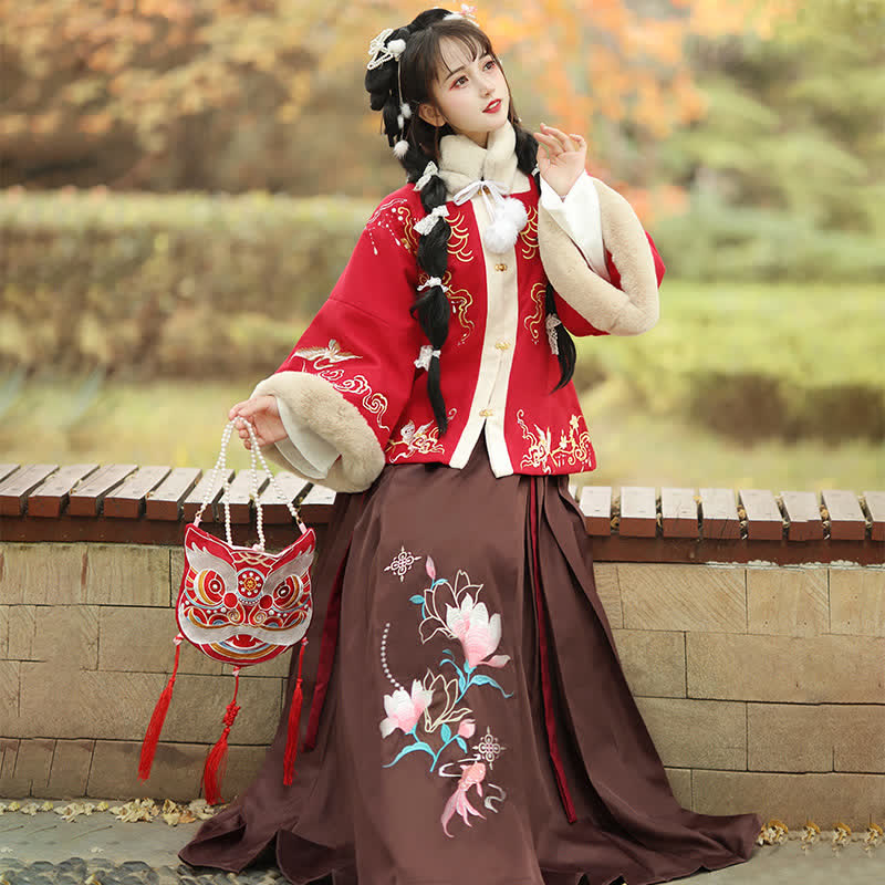 Vintage Floral Embroideried Coat Pleated Skirt Set modakawa