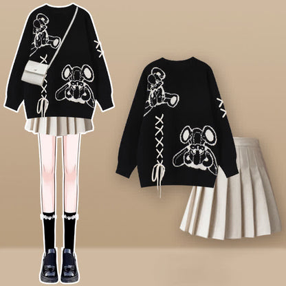 Cartoon Bear Lace Up Sweater Pleated Skirt Set modakawa