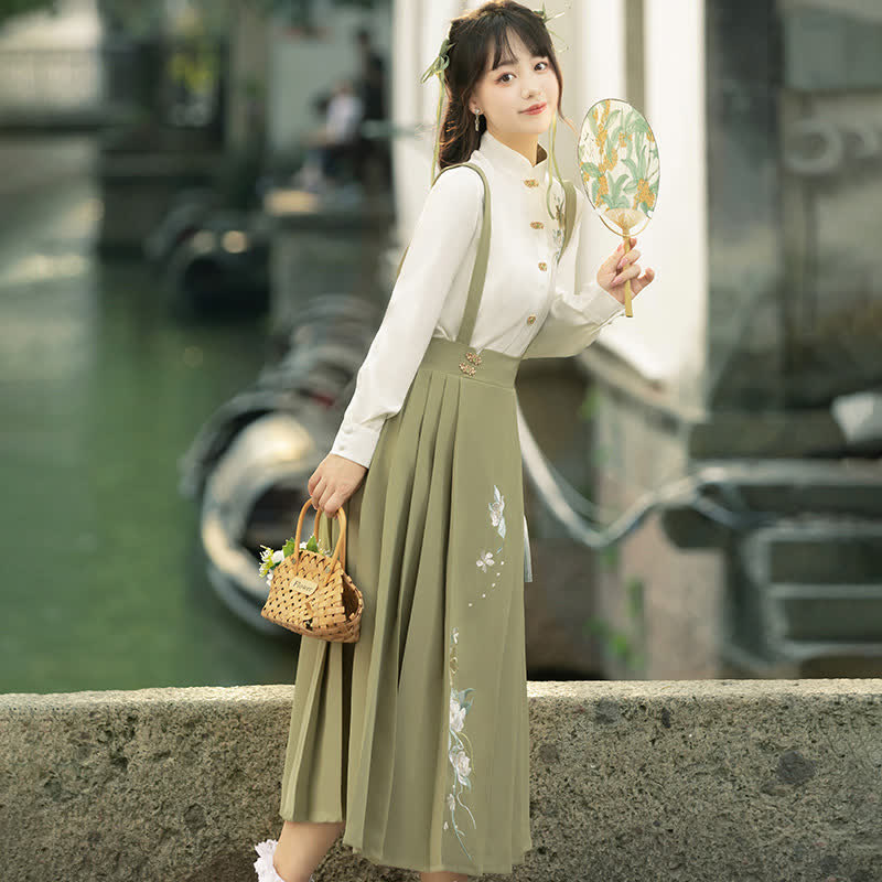 Buckle Floral Embroidery Green Dress Set modakawa