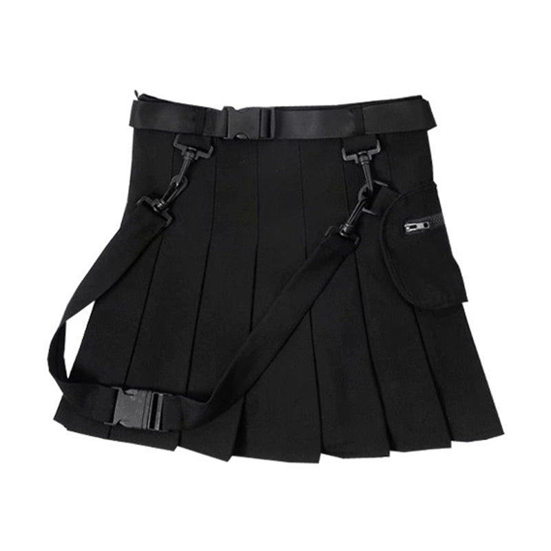 Chic Black Pocket Belted A-line Pleated Skirt Modakawa