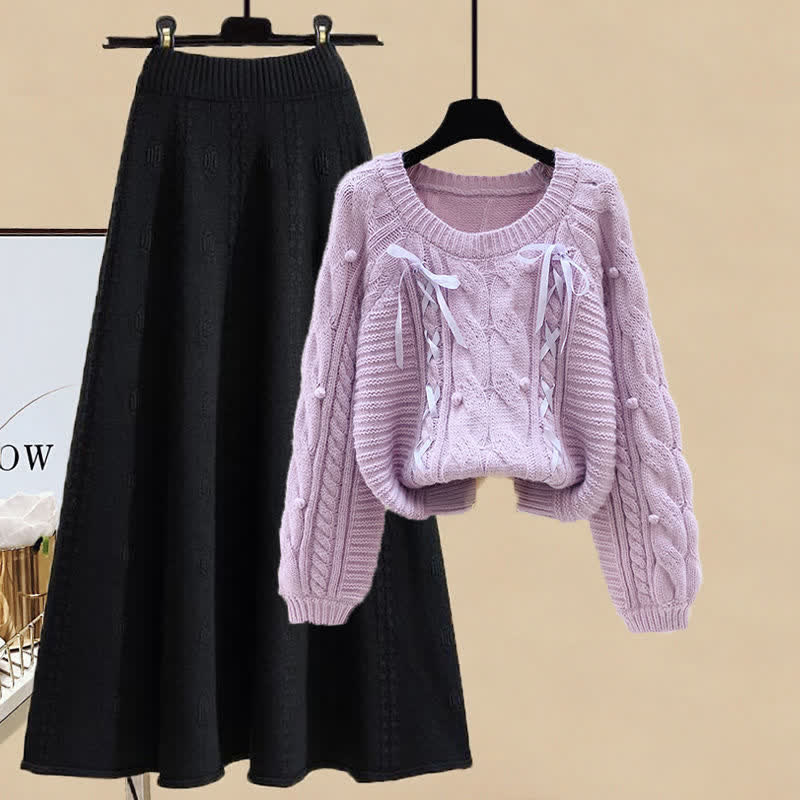 Pills Decor Cable Knit Sweater Skirt Set modakawa