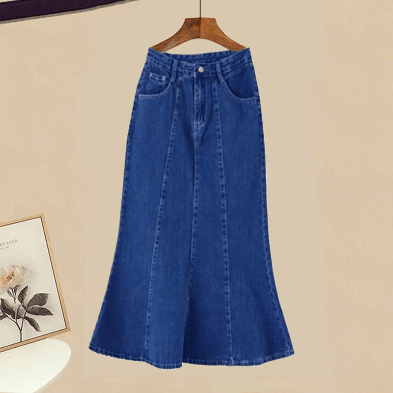 Pure Color Vest Shirt High Waist Fishtail Denim Skirt Modakawa