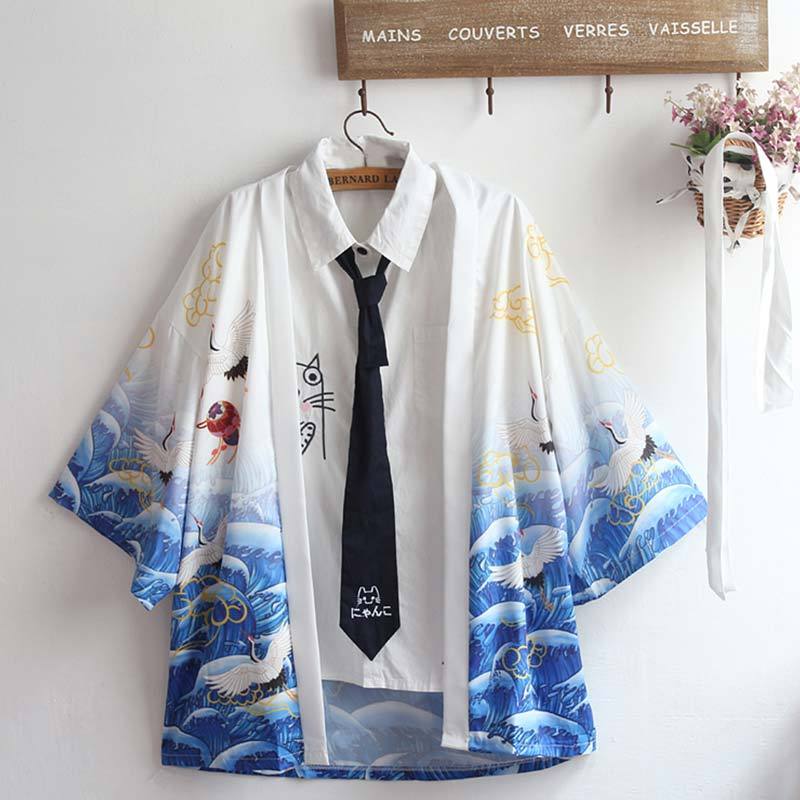 Crane Print Belted Kimono Outerwear Sun Protective Modakawa