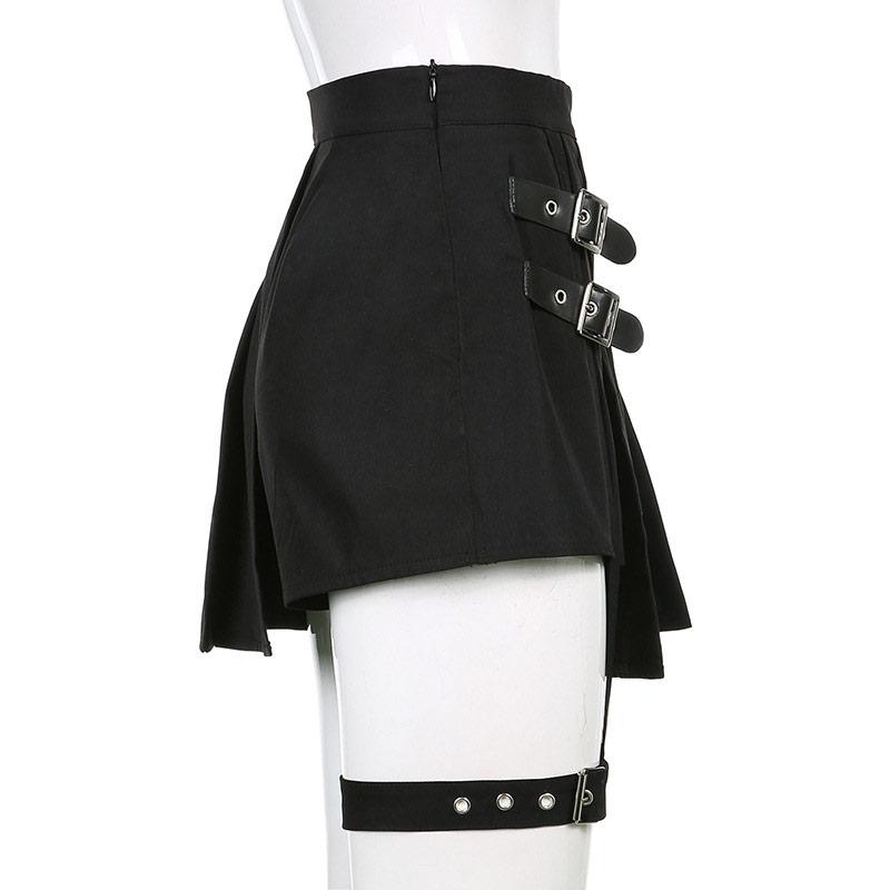 Y2K Buckle Leg Ring Mini Pleated Skirt Modakawa