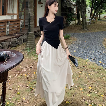 Elegant Buckle Irregular T-Shirt Layered Midi Skirt Set modakawa