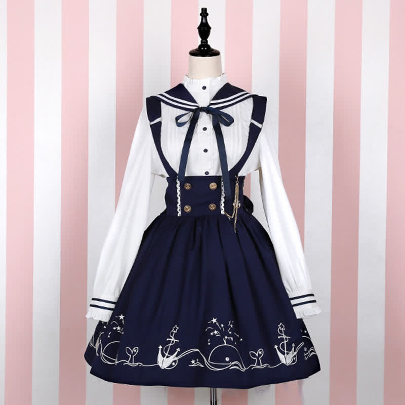 Sailor Collar Shirt Cartoon Dolphin Print Suspender Skirt modakawa