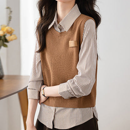 Stripe Print Knit Vest Lapel Shirt SpreePicky