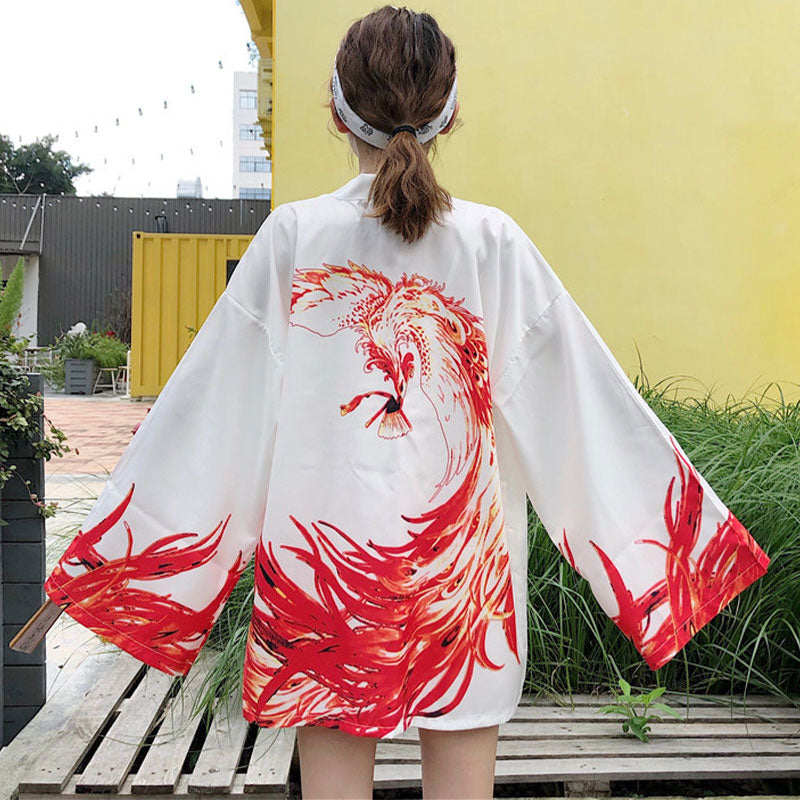 Vivid Phoenix Print Kimono Outerwear Sun Protective Modakawa