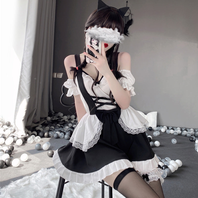 Kawaii Ruffle Maid Lingerie Dress Stockings Set Modakawa