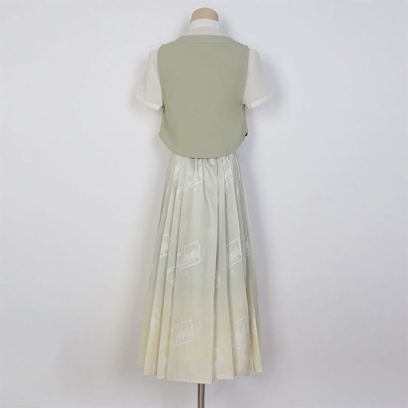 Vintage Vest Chiffon T-Shirt Pleated Skirt modakawa