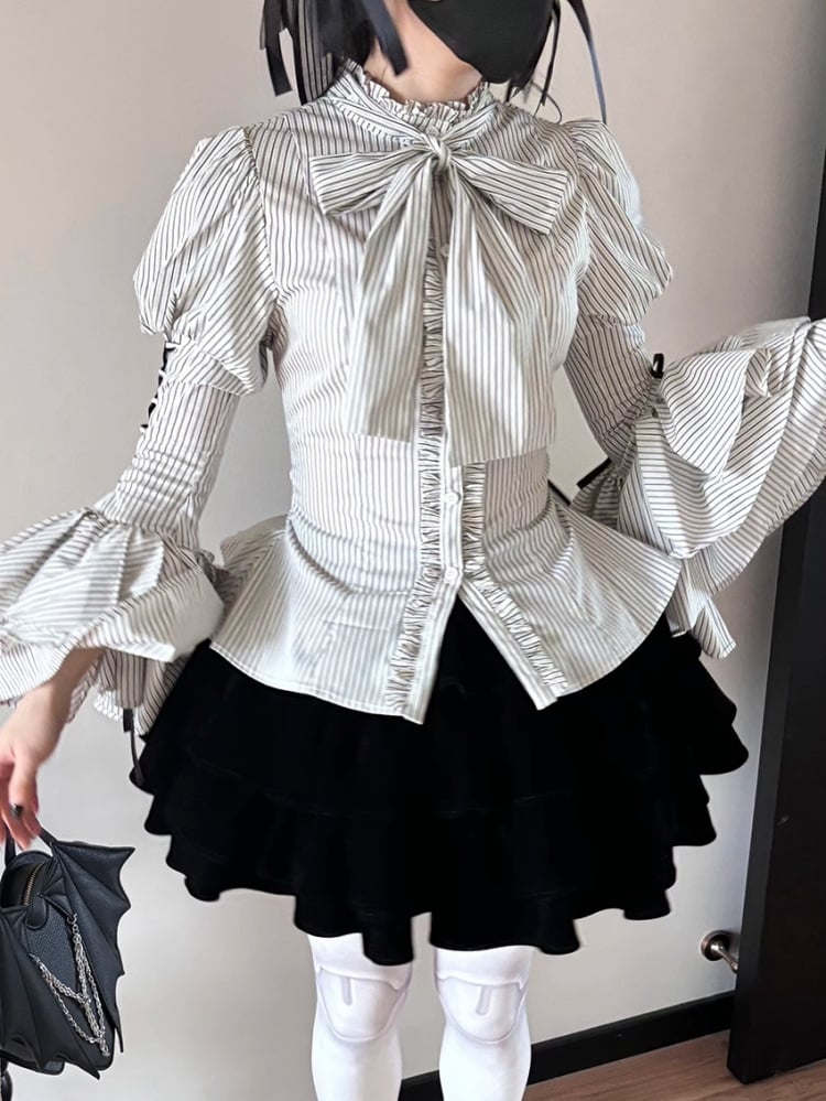 Blue Collar Layered Bell Sleeves Lolita Striped Shirt mySite