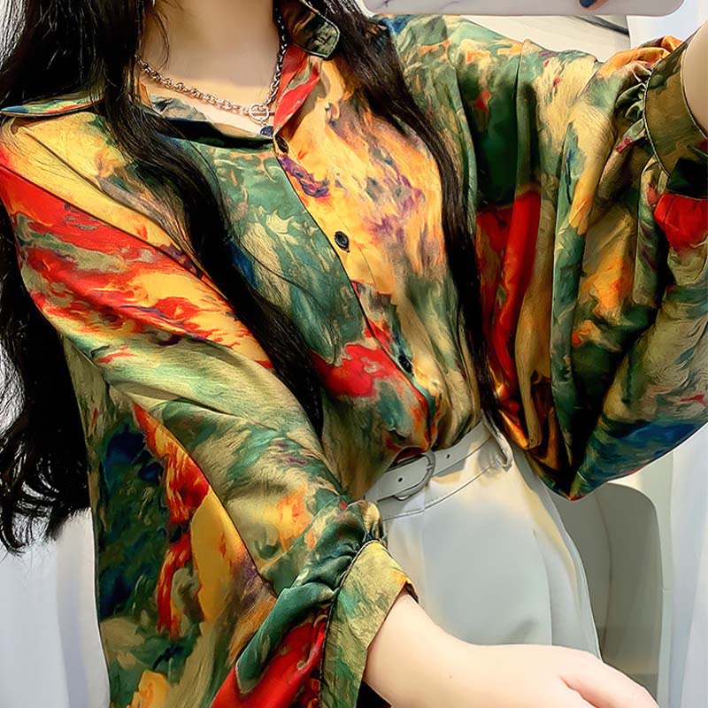 Vintage Floral Batwing Sleeve Lapel Shirt Workwear modakawa