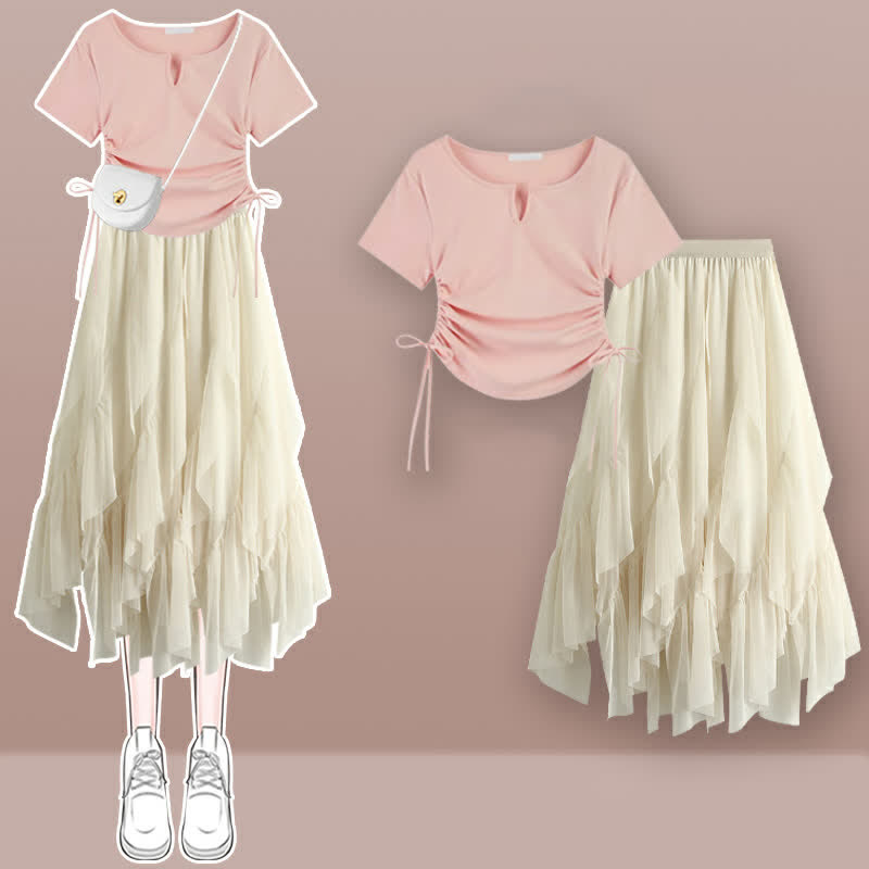 Lace Up Ruffled T-Shirt Tulle Tiered Skirt Set modakawa