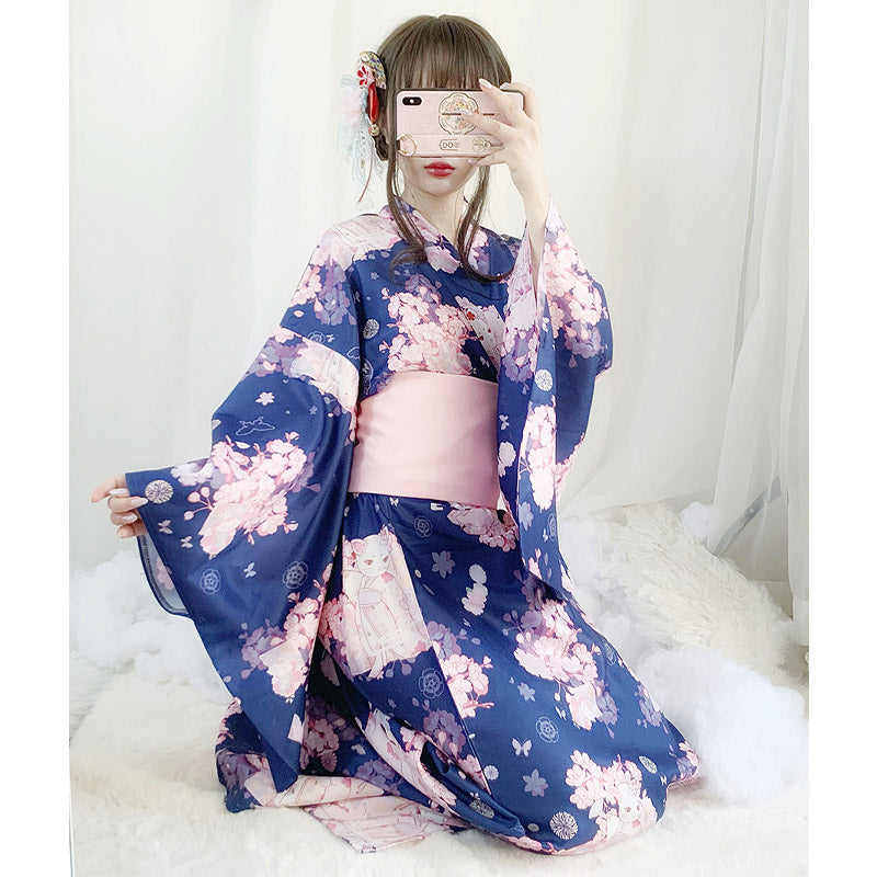 Vintage Cat Sakura Print Kimono Dress Modakawa