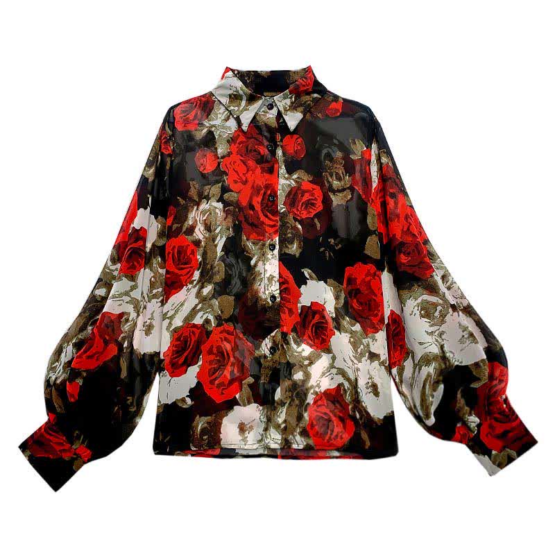 Vintage Red Floral Print Puff Sleeve Shirt Workwear modakawa