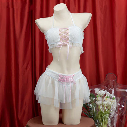 Sweet Halter Lace up Chiffon Maid Lingerie Set modakawa