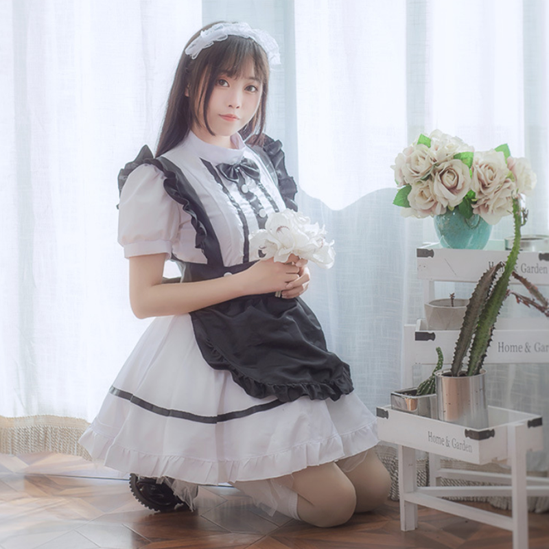 Kawaii Cosplay Lolita Maid Costume Dress Ruffle White Black Modakawa