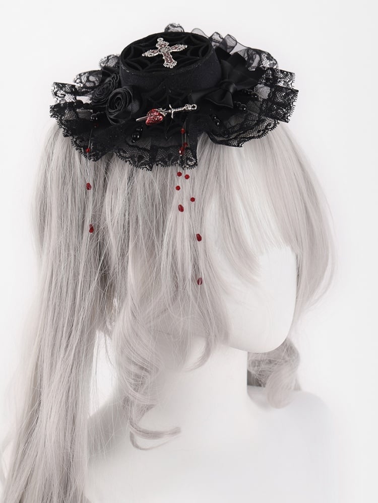 Black Rosette Bowknot Mini with Red Beads Hat mySite