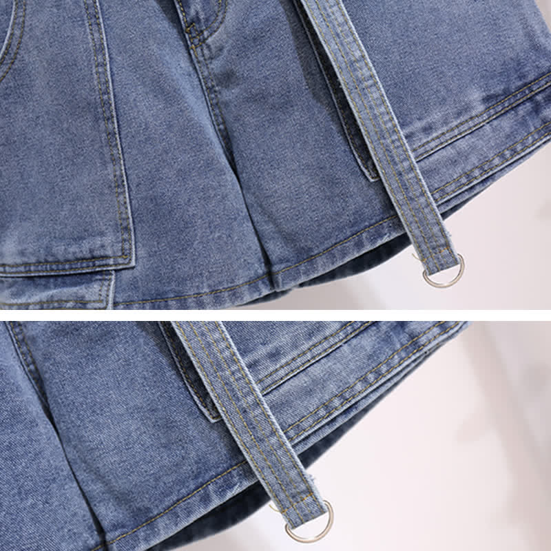 Fake Two Pieces Lapel T-Shirt Pocketed Denim Shorts modakawa