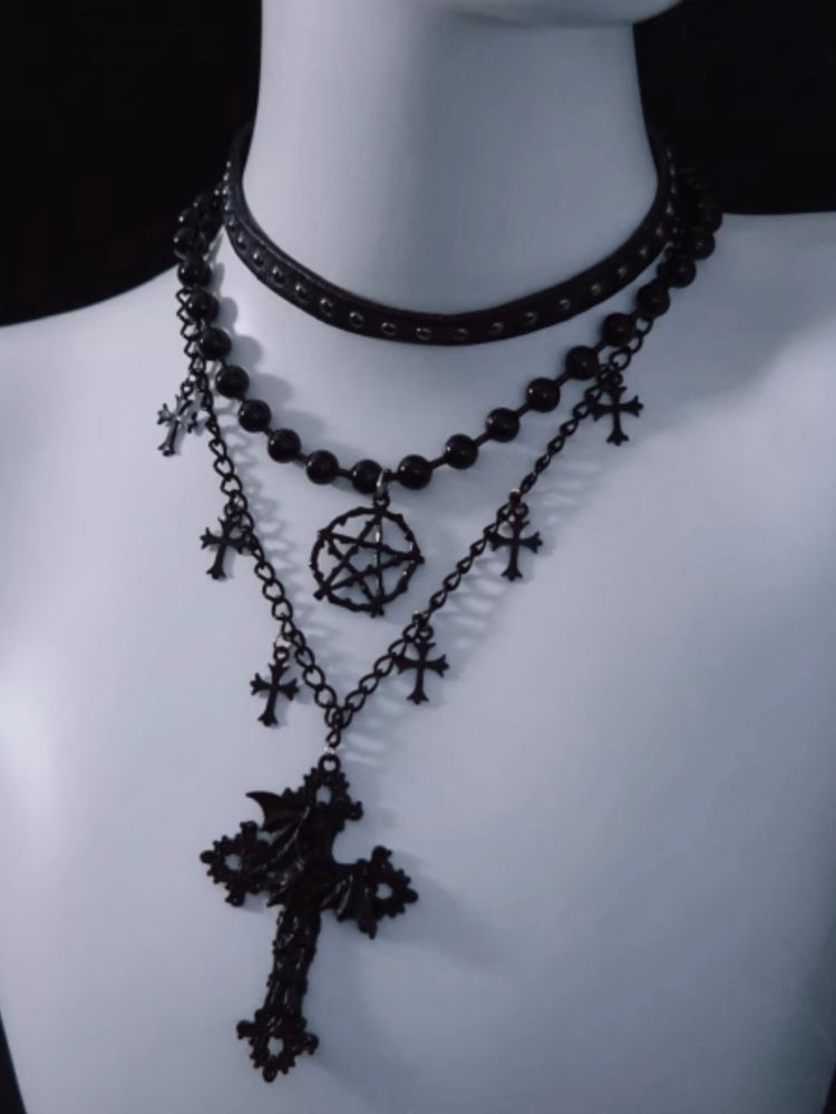 Pentagram Cross Pendant Black Triple Layered Necklace mySite