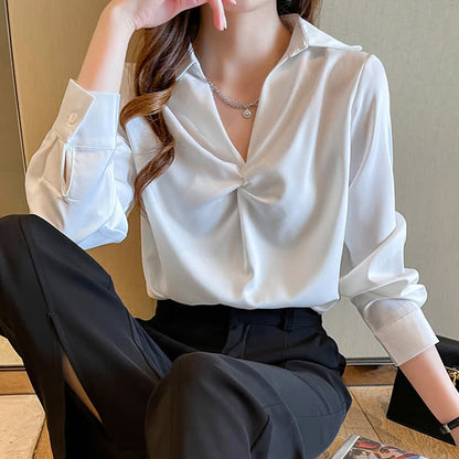 Elegant Pure Color Ruffled Satin Shirt Workwear modakawa