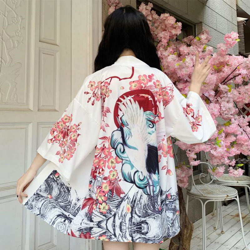 Vintage Crane Sakura Floral Print Cardigan Kimono Outerwear modakawa