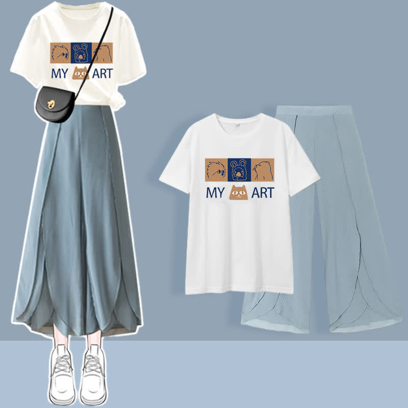 Chic Printed T-Shirt Chiffon Split Pants Set modakawa