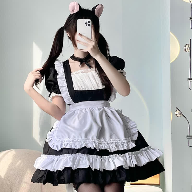 Sweet Cosplay Lace Ruffled Maid Lolita Dress Set Modakawa