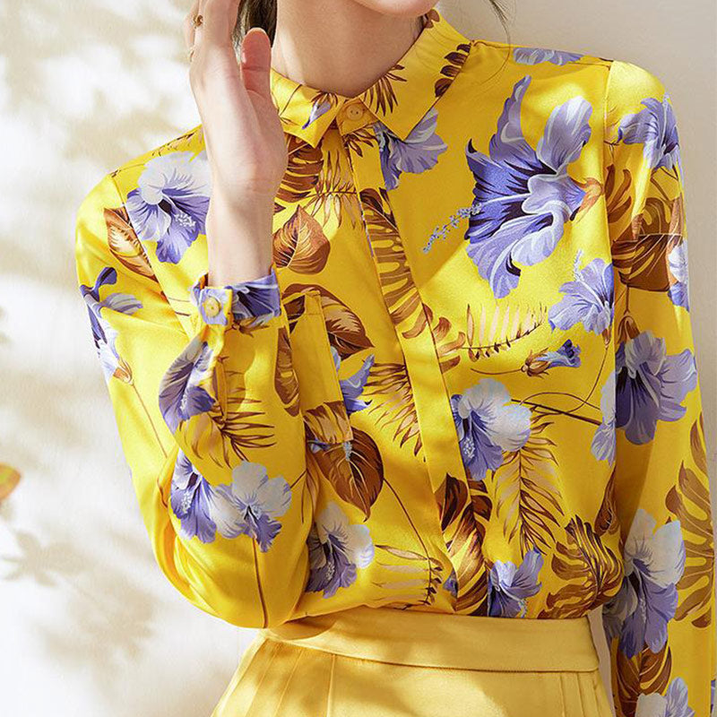 Yellow Flowers Printed Long Sleeve Shirt modakawa