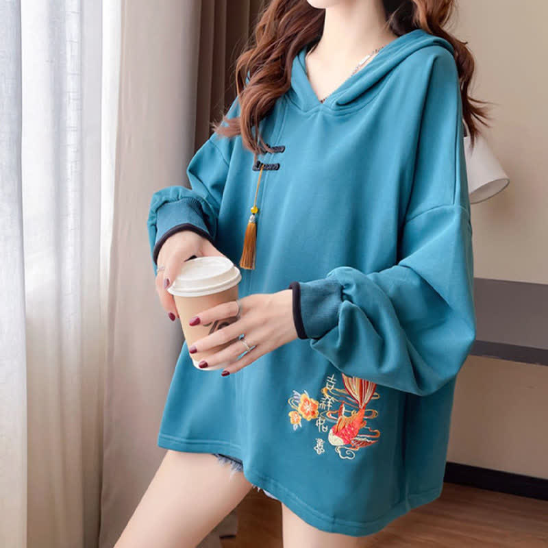 Floral Carp Embroidery Buckle Tassel Loose Hoodie modakawa