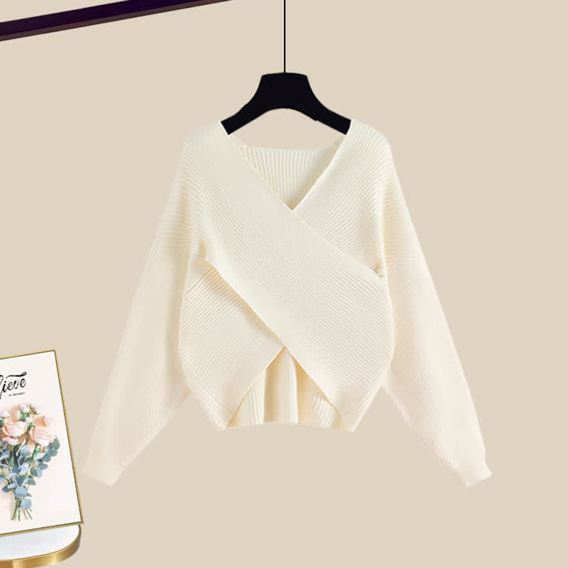 Elegant Fashion Cross Knit Sweater A-line Slip Dress modakawa